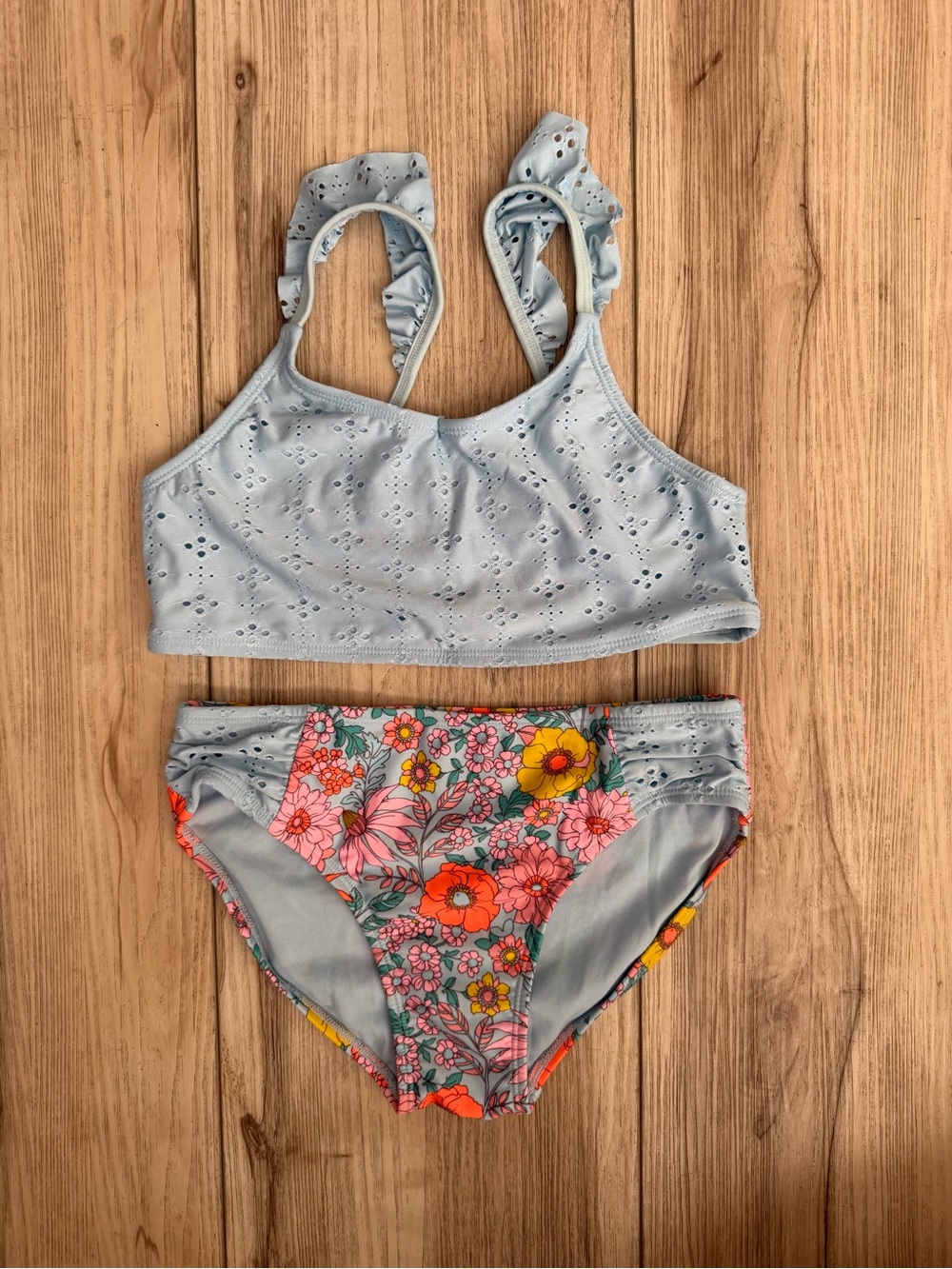 Cat & Jack Light Blue Eyelet Two-Piece Swim Set with Floral Bottoms